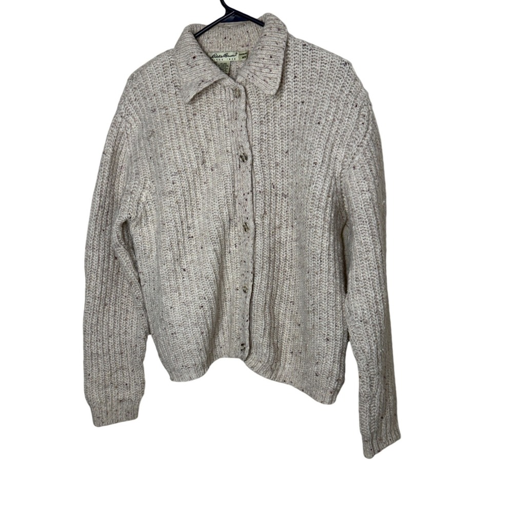 Eddie Bauer Vintage Wool Blend Donegal Ribbed Cardigan Sweater Cream Womens M